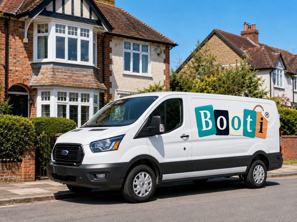 A Booti van parked on the road outside a suburban brick house, ready for a collection.
